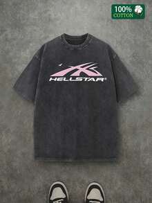 Men's "Hell Star" Washed T-Shirt - Extra Large Flame Star Pattern Street Style - màu đen - Xem 3
