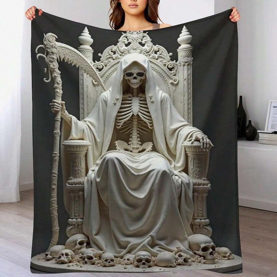 1PC Grim Reaper With A Sickle And The Skeleton Throne Flannel Blanket, Day Of The Dead Art Print Pattern,Soft Cozy Lightweight Warm,Suitablefor Halloween Decor,Home Decor,Living Room,Bedroom,Sofa,Travel,Perfect Gift For Birthday,Anniversary - nhiều màu 1 - Xem 1
