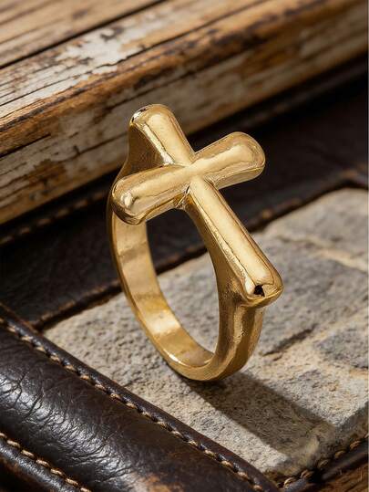 خاتم معدني ذهبي بشكل صليب على الطراز الكوري-الياباني، مناسب للارتداء اليومي والمناسبات والصلاة والتسبيح
