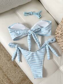 Lucky Girl Women Summer Beach Vacation Metal Gradient Shell Decor Blue & White Textured Striped Fabric Removable Strap Design 2pcs Bikini Set - Blue and White - View 8