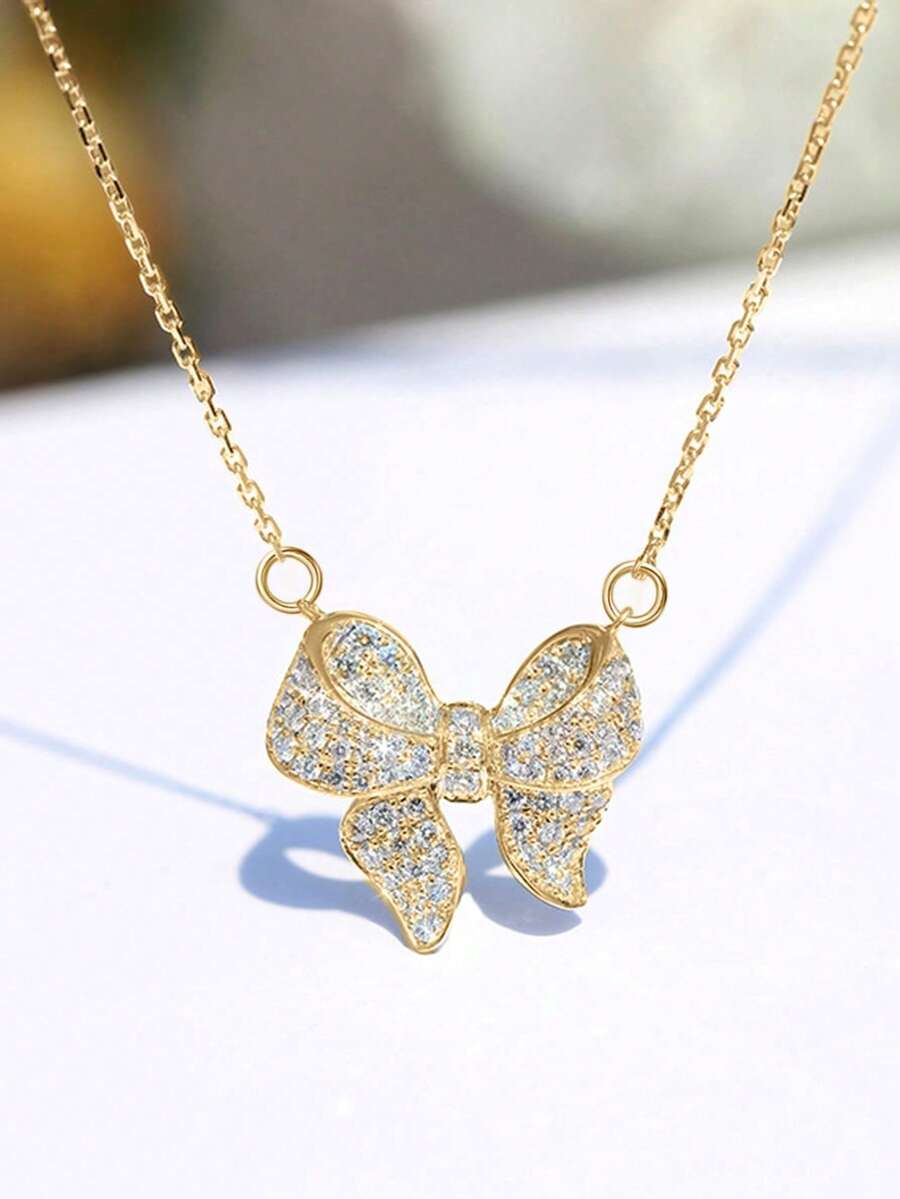 1 pièce Collier pendentif glamour avec nœud en cubic zirconia cubique pour femmes, cadeau de la Saint-Valentin, bijoux de mariage - Or jaune - Voir 1