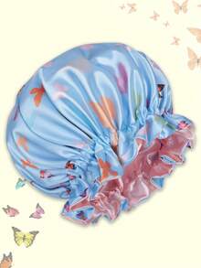1顶双面缎面蝴蝶图案女士睡帽 - 淺藍 - 查看 4