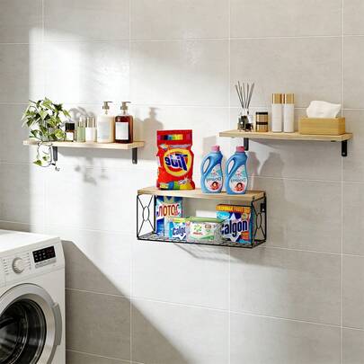 Set Of 3+1,Floating Shelves With Wire Strorage Basket, Paulownia Wood Bathroom Shelves For Home Organization & Wall Decor, Bathroom/Kitchen/Living Room/Office Shelves, Natural