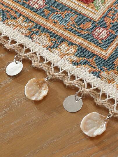 1pc Bohemian Style Table Runner, Delicate Shell Tassel Decor, Suitable For Ramadan, Festivals, Parties, Banquets, Restaurants, Kitchens, Home Dining Table Textile Decoration