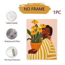 1pc Frameless Modern Floral Portrait Wall Art Decor Canvas Painting, Vibrant Female Figure With Yellow Flowers, Contemporary Home Decor - Figure - View 8