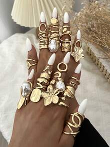 Bộ nhẫn ngọc trai phong cách Bohemian tối giản, thanh lịch cổ điển gồm 23/14/12/7 chiếc, bao gồm ngọc trai Baroque, mắt hổ, mắt mèo, hoa, giọt nước, trái tim rỗng và các yếu tố hình học bất đối xứng, phù hợp cho sử dụng hàng ngày, dự tiệc, đám cưới, ngày lễ, làm quà tặng. - Vàng 5 - Xem 8