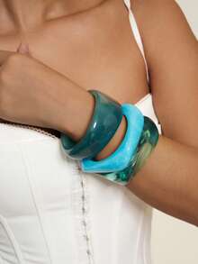 3pcs/Set Blue Tone Acrylic Bracelet Set, Elegant Minimalist Adjustable Bangle, Suitable For Daily Wear And Vacation - Blue - View 1