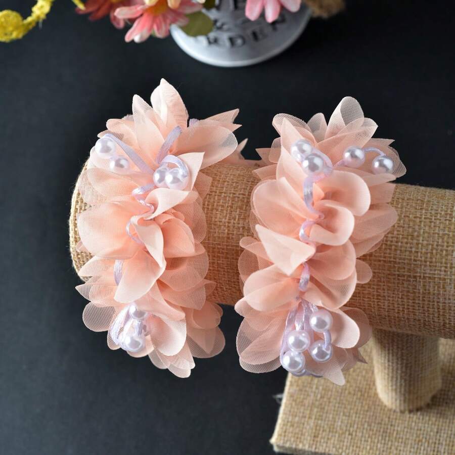 2 Packs White Beaded Hair Scrunchies, High Elasticity, Sweet Style, Suitable For Girls
