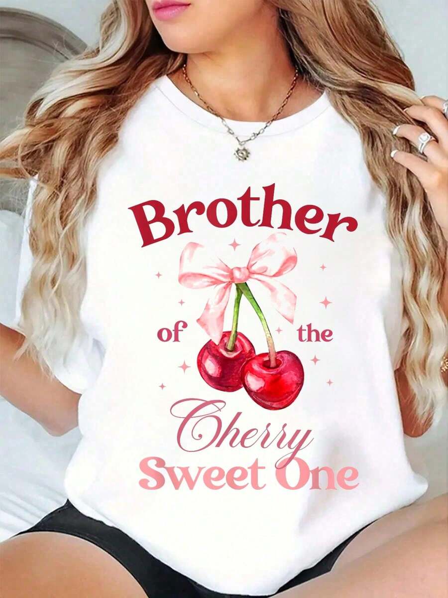 100% Cotton Of The Cherry Sweet One Preppy Bow First Birthday T-Shirt Women Graphic T-Shirt Cotton Print Short Sleeve Casual Top, Summer Tee Womens Tops - White - View 1