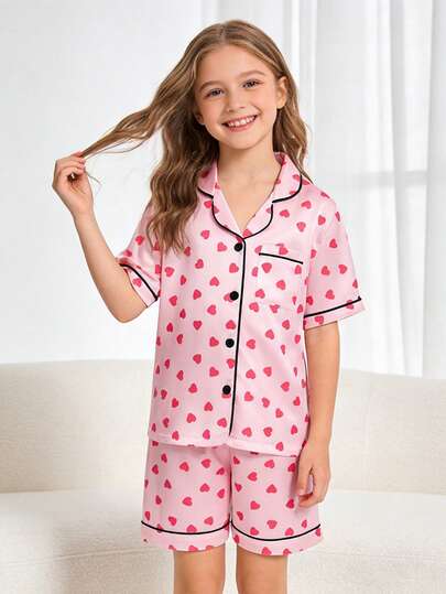 2pcs Tween Girl Pink Heart Print Short Sleeve Shorts Pajama Set