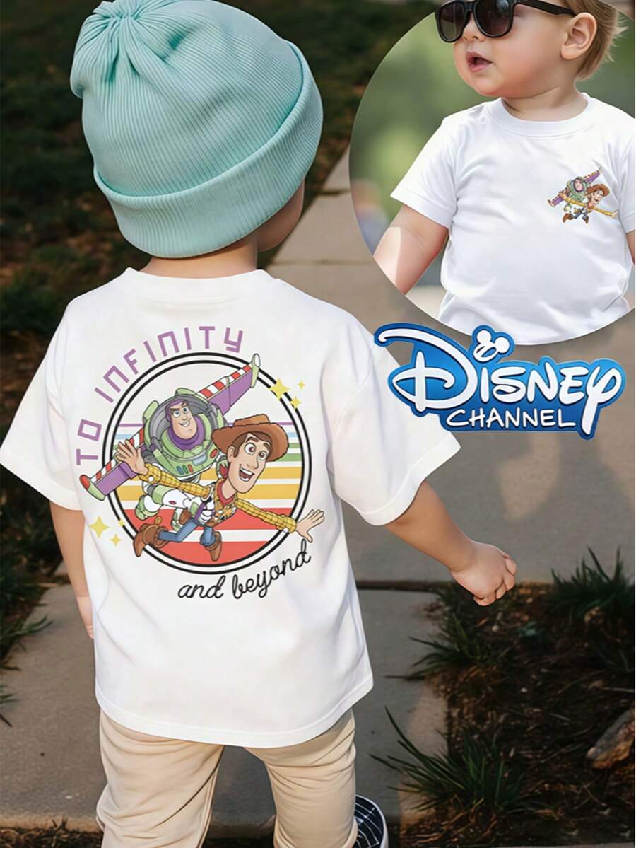Disney Toy Story Buzz Lightyear & Woody Parent-Child T-Shirt Unisex Short Sleeve With Front And Back Prints - 白色 - 查看 1