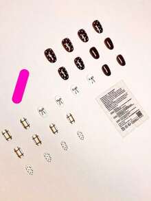 24pcs/Set Minimalist Style Medium Oval Press-On Nails, Vintage Brown Plaid Polka Dot Bow Design, Suitable For Girls And Women For Daily Dates And Parties Nail Supplies - 彩色 - 查看 11