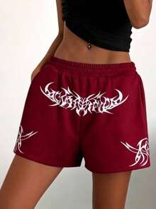 Women's Punk Goth Style Wine Red Shorts, Thorn Totem Print, Comfortable Casual, Street Style For Summer Daily Wear, Women's Elastic Waist Loose Sports Shorts - Red - View 5