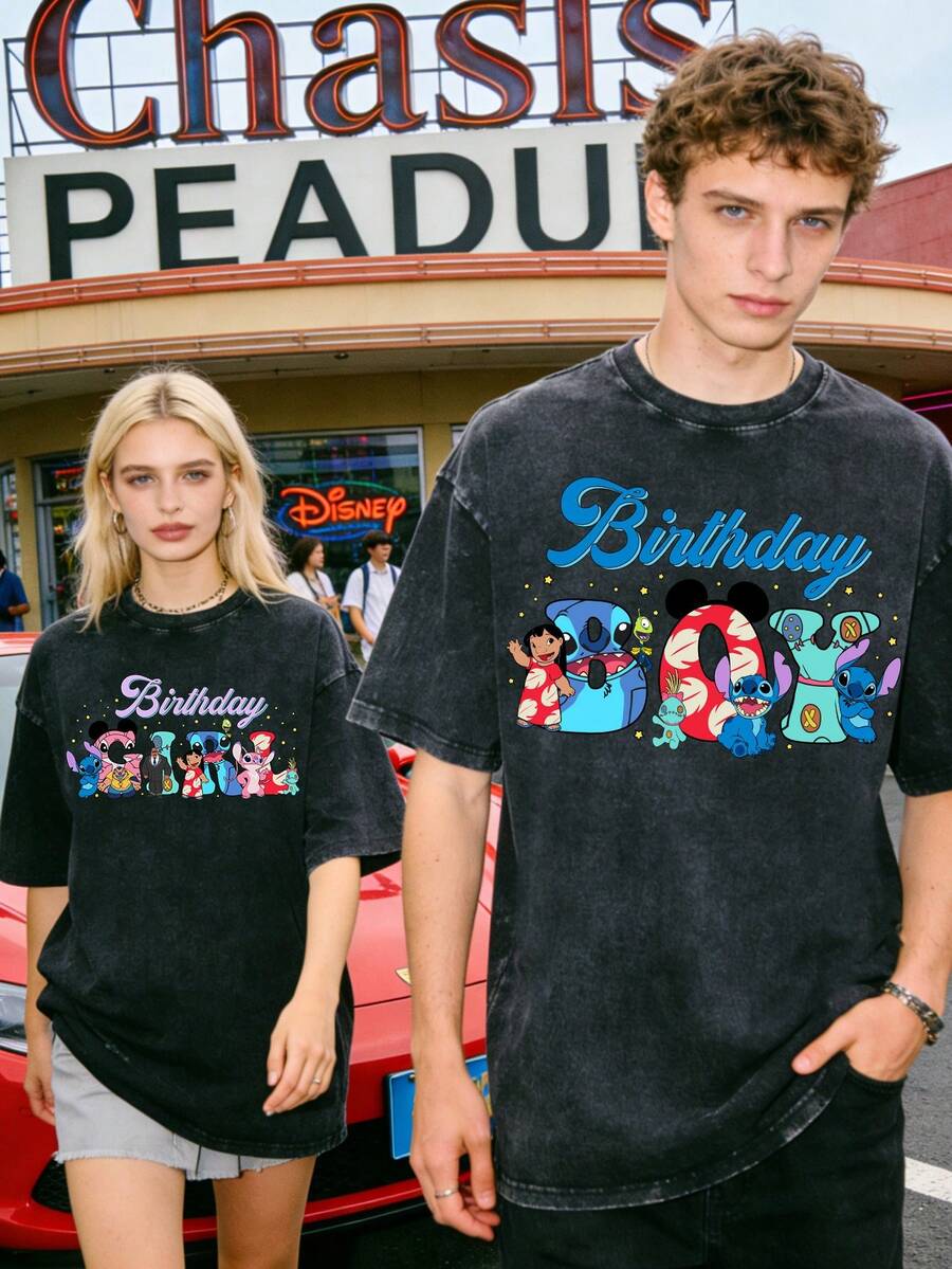 Disney Stitch And Angel Birthday Squad Couple Vintage Washed T-Shirts 180g Washed Cotton Mickey And Minnie Flower Bouquet Loose Short-Sleeved Couple's Outfit - 黑色 - 查看 1