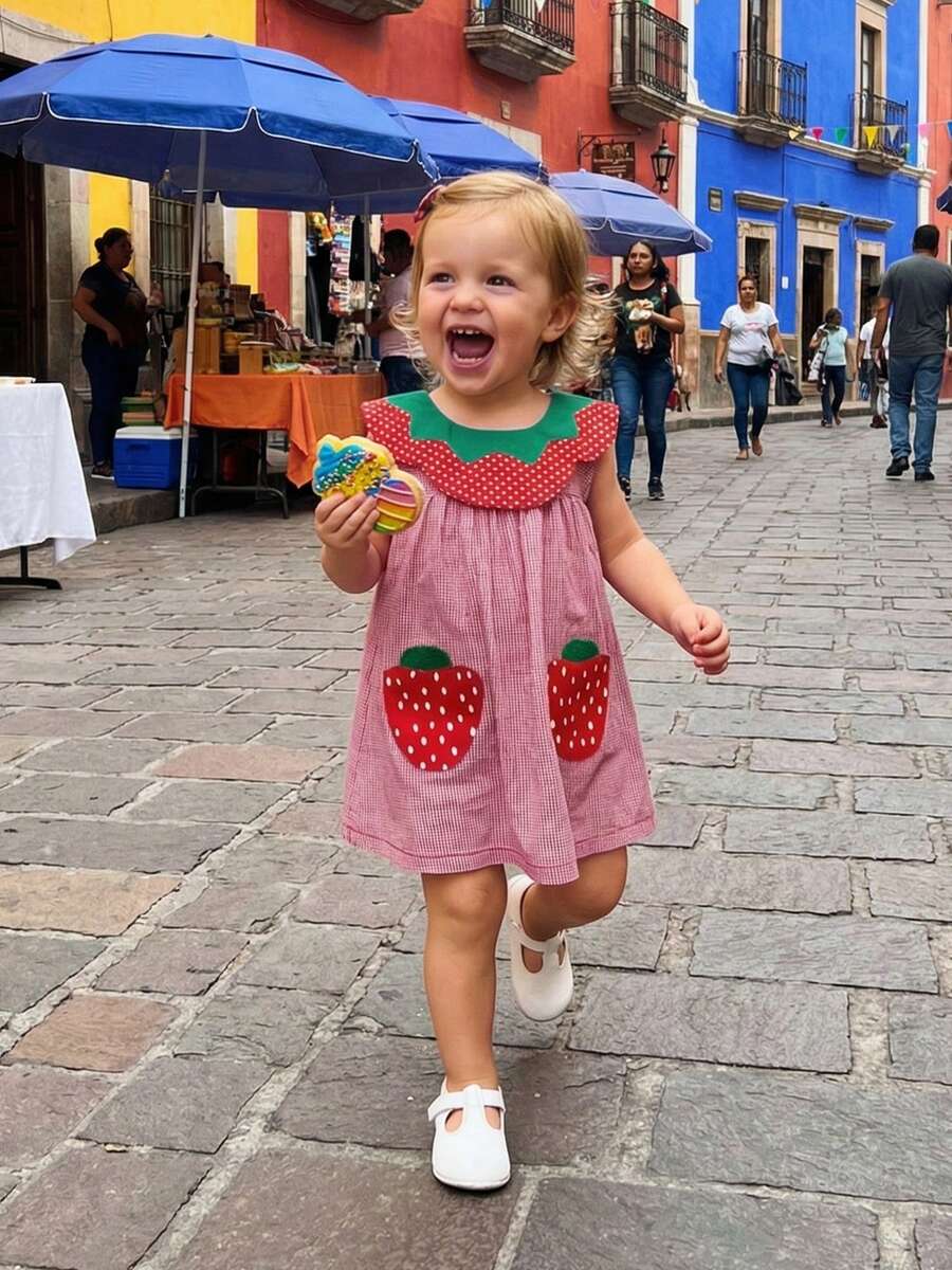Toddler Baby Girls Plaid Dress Fashionable Strawberry Embroidery A Line Tank Dress - Red - View 1