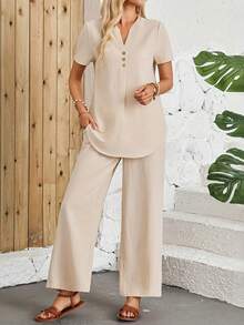 Conjunto feminino Vuslat de verão casual com blusa de manga curta e calça folgada, ideal para o dia a dia, passeios, atividades ao ar livre, momentos de lazer e férias. Perfeito para o trabalho, férias e outras ocasiões. - Damasco - Ver 6