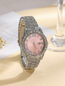 Women's Fashion Diamond-Encrusted Roman Numeral Calendar Watch - one-size - View 3