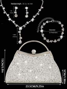 闪亮奢华女士晚宴包，优雅亮片派对包，镶钻手提包，时尚新娘婚礼包，配有闪亮水钻首饰三件套，适合女性参加派对、晚宴、婚礼、舞会、聚会和其他场合。 - 銀色 - 查看 3