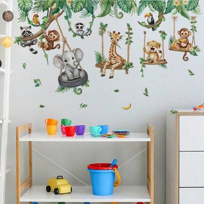 2pcs Hanging Animals Wall Stickers, With Monkey, Elephant, Giraffe, Bird, Lion, Parrot Design Decals, Peel And Stick PVC Animal & Decor For, For Baby Kids Classroom, Playroom Walls Decor, Single Use, Self-Adhesive Reomvable