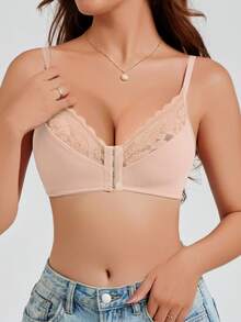 1件装女士休闲无钢圈蕾丝文胸，配有可调节肩带，性感透气 - 杏色 - 查看 4