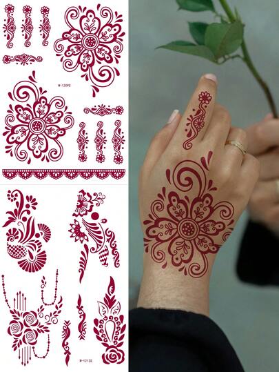 2张红色指甲花图案临时纹身贴纸 - 曼海蒂设计临时纹身贴纸，适用于派对和节日人体彩绘
