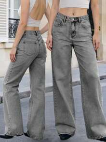 Women's Unwashed Gray Long Straight Leg Casual Jeans, Non-Stretch, Fashionable Pocket Details, Unique Design, 72% Cotton, Spring/Summer Clothing - Grey - View 1