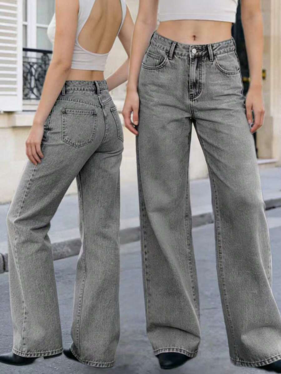 Women's Unwashed Gray Long Straight Leg Casual Jeans, Non-Stretch, Fashionable Pocket Details, Unique Design, 72% Cotton, Spring/Summer Clothing - Grey - View 1