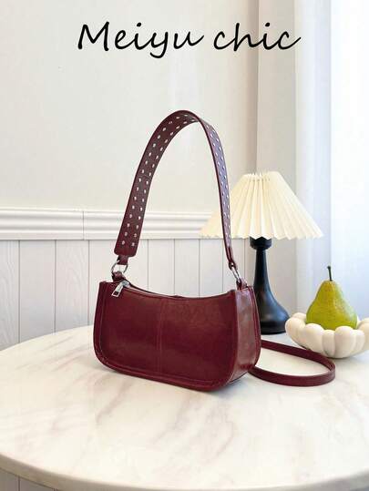 New Fashionable Retro PU Leather Underarm Bag, Rivet Decor Inlaid Design, Minimalist Solid Color Shoulder Bag, Burgundy, Street Style Shoulder Bag, Zipper Closure, Suitable For Shopping, Gatherings, Travel, Outfit Matching, Attending Favorite Events