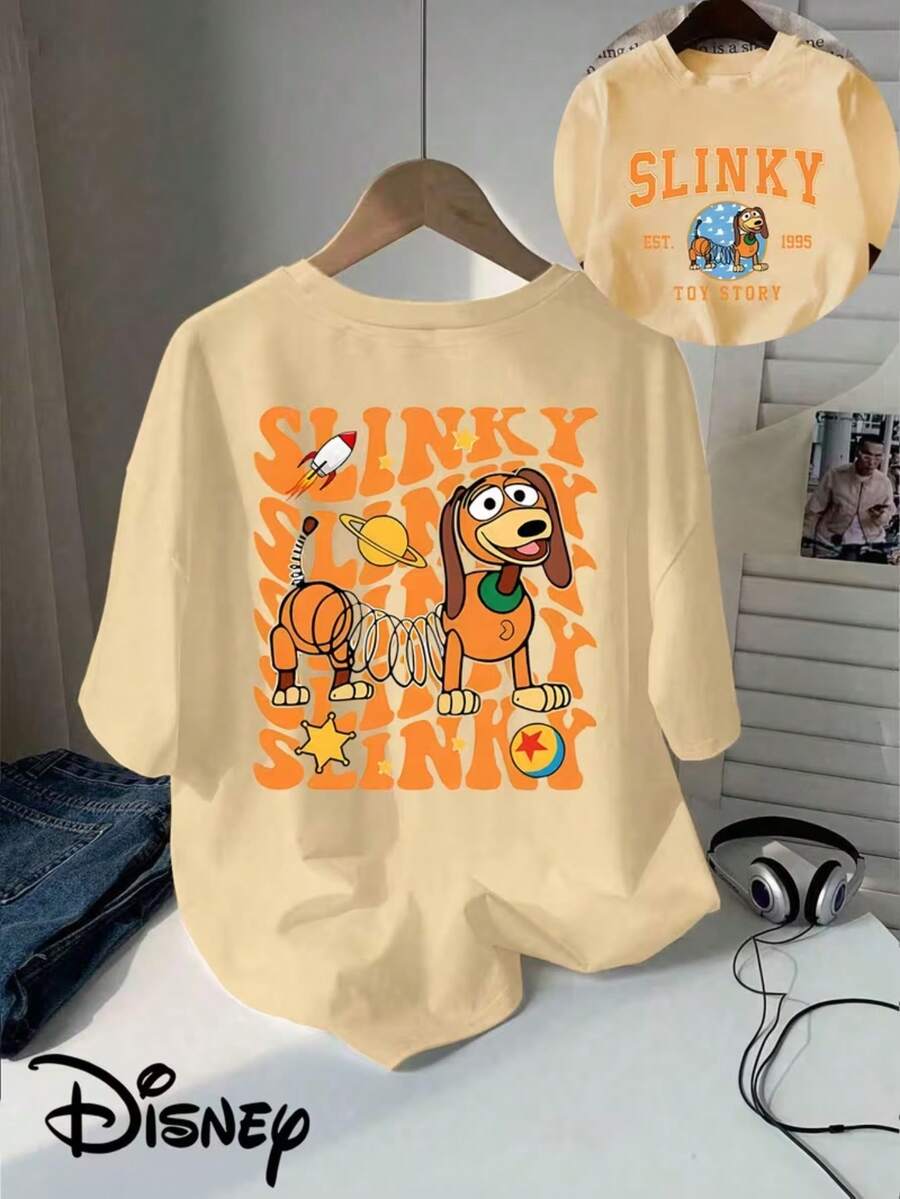 [Authorized By Disney] Short-Sleeved T-Shirt With Multi-Layer "SLINKY" Rocket Planet Decoration On The Back And "SLINKY EST.1995TOY STORY" Logo Printed On The Front, Wrapped Collar And Threaded Collar And Shoulder Line, Short-Sleeved T-Shirt That Is Not Easily Deformed By Washing Is Suitable For Women In Spring And Summer-Comfortable. - Apricot - View 1