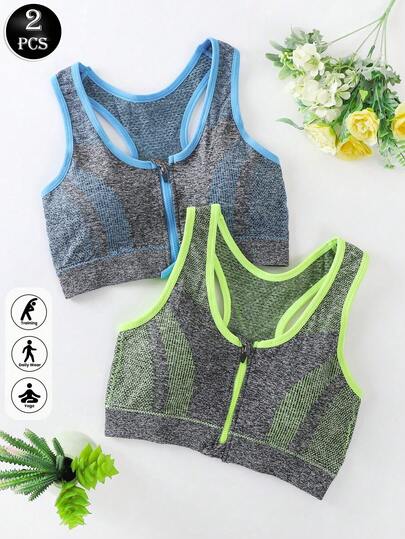 2 piezas Sujetadores deportivos con cremallera delantera para mujeres, Sujetadores deportivos de yoga, Camisetas sin cables para fitness, Sujetadores deportivos con diseño cruzado, Chalecos deportivos, Sujetadores deportivos de soporte, Sujetadores para correr que absorben los golpes
