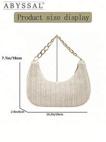 Fashionable Solid Color Woven Moon Shaped Women's Bag With Metal Chain Strap, Can Be Used As Handbag, Shoulder Bag, Tote Bag, Beach Bag, Casual Woven Bag, And Cell Phone Bag, 2026 New Woven Straw Bag - Boho Chic Crossbody & Top Handle Purse, Lightweight Raffia Beach Bag For Women,Y2K Crochet Underarm Bag 2026 -  Mini Shoulder Bag,Everyday Chic Knit Bag - Versatile Underarm & Shoulder Bag,Casual Shoulder Bag For Women,Summer Essentials, Perfect For Vacation & Holiday, Beach Purse, Perfect For Summer, Vacation & Daily Use, Travel Must Haves, Suitable As Birthday Valentine's Day Thanksgiving Halloween Gift For Mom Wife Girlfriend Friend [US Local Warehouse] - 彩色 - 查看 4