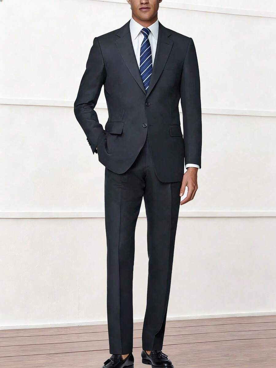 I FineLong 2pcs Men's Business Suit Jacket And Pants Set, Pockets Untouched - Dark Grey - View 1