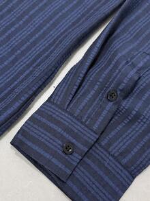 WAIT HIM Men's Casual Front Button Striped Print Long Sleeve Shirt - Blue - View 5