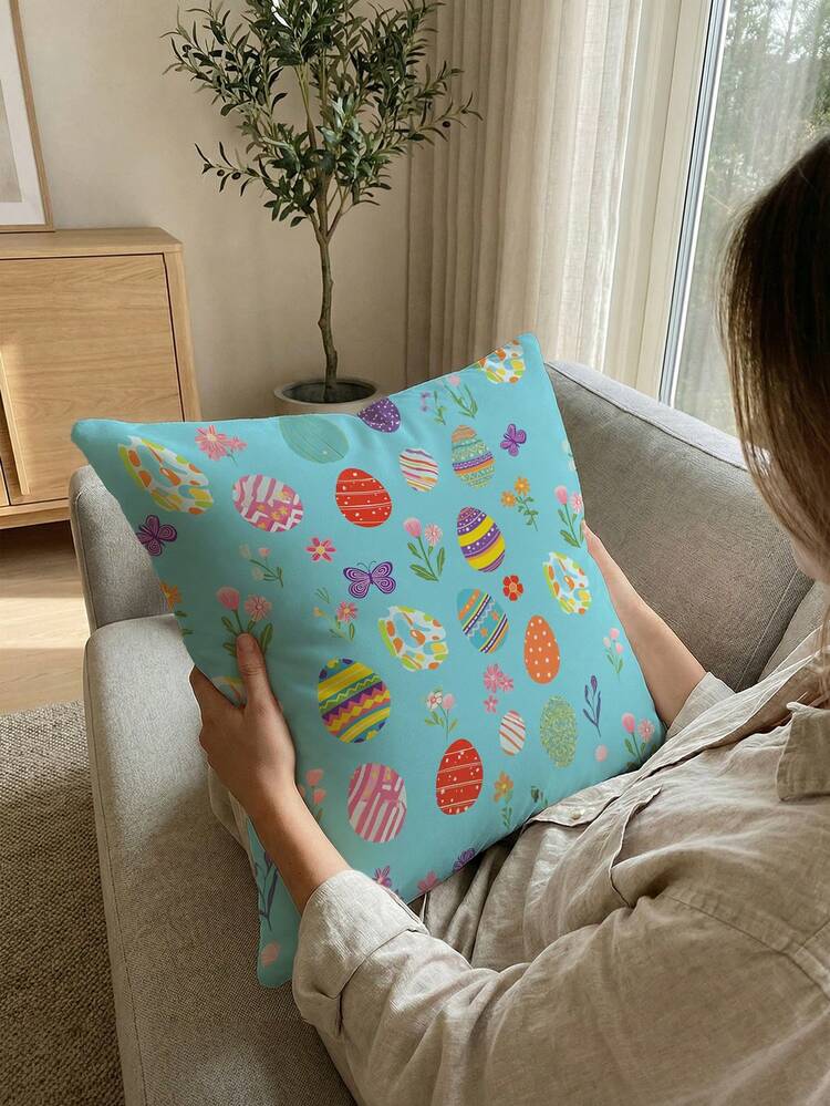 1pc Cartoon Rabbit Pattern Single-Sided Printed Cushion Cover, Home Decor Pillow Case, Without Filler - Flower Butterfly Easter Egg - View 4