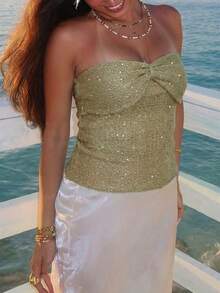 1pc Women's Twist Knot Waist Beaded Camisole Top, Suitable For Daily Wear And Beach Vacation, Spring/Summer - Green - View 2