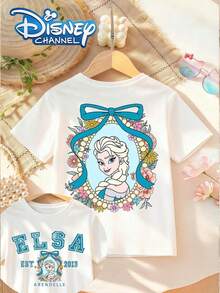 Disney Girls' Summer Short-Sleeve T-Shirt Floral Frame Bow Print Kids' Top - 白色 - 查看 7