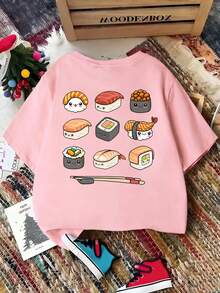 Áo thun in hình hoạt hình sushi ngộ nghĩnh dành cho bé gái tuổi teen, chất liệu mềm mại và thoải mái, phù hợp cho các hoạt động thể thao ngoài trời, mặc hàng ngày, phong cách đường phố, phong cách học đường, thời trang mùa xuân/hè, kiểu dáng đa năng. - Hồng - Xem 3