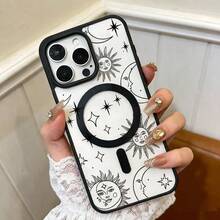 Sun, Moon And Star Print Pattern Phone Case, Transparent Shock-Proof Phone Case With Magnetic Wireless Charging Cover, Protection Design Compatible With IPhone XR 11 12 13 14 15 Plus 16 Pro Max 17 Air Series - Multicolor - View 1