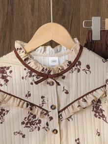 Left Mama Girls' Elegant Vintage Floral Print Cap Sleeve Top And Straight Leg Pants Set - Brown - View 3