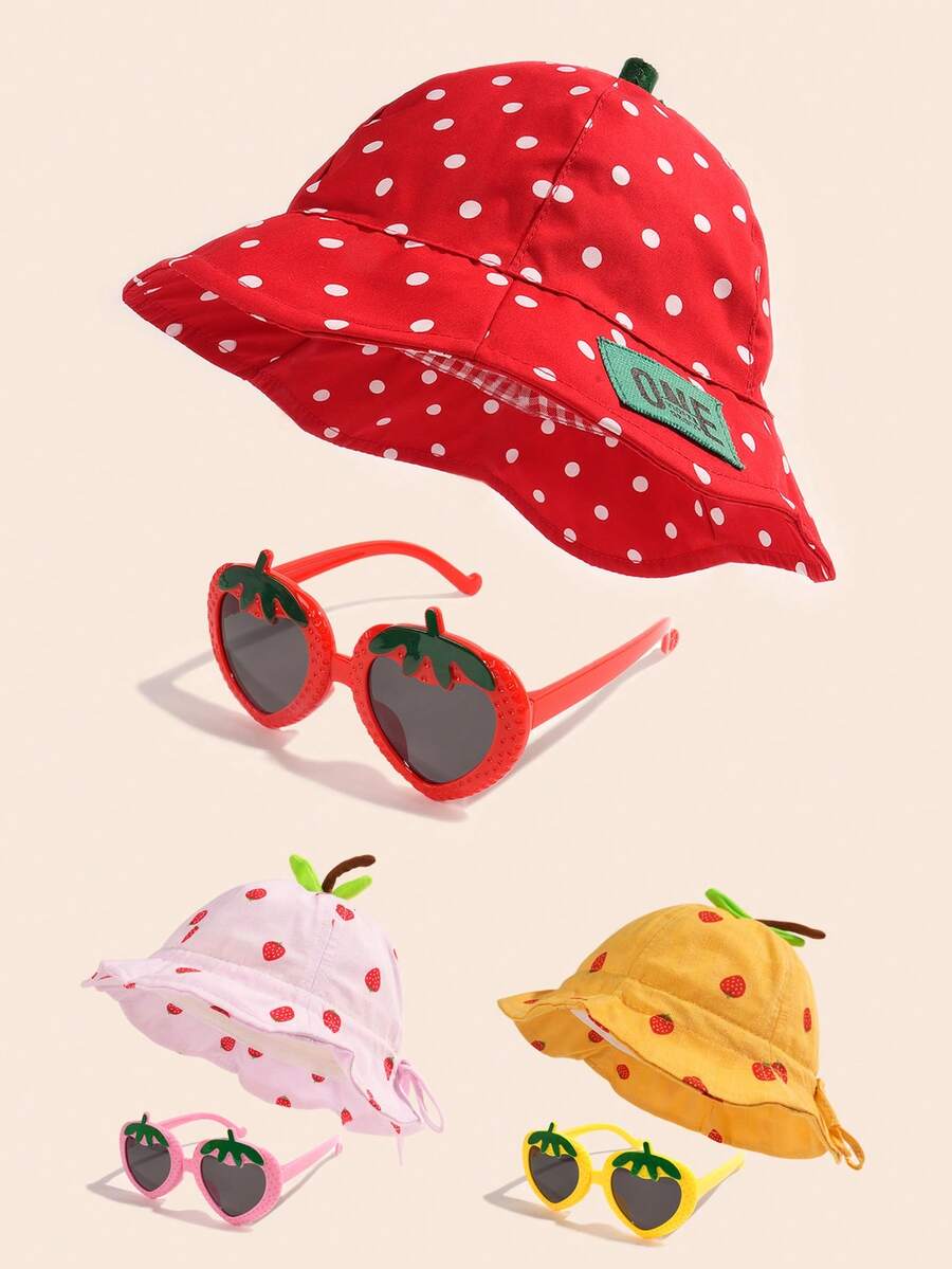 1 Bộ Mũ tai bèo hình dâu tây kèm kính, Mũ chống nắng thời trang cho bé trai/bé gái, mùa xuân - B - Xem 1