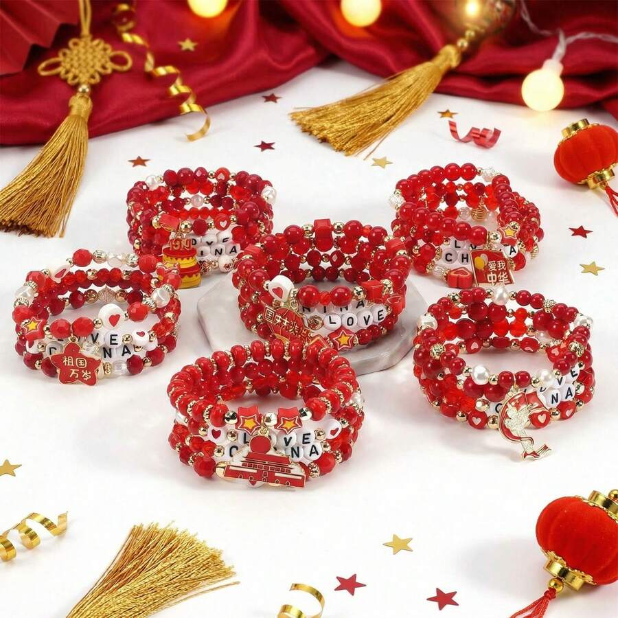 4pcs/Card China Red Series Elastic Beaded Bracelet, Patriotic Bracelet To Celebrate Festivals