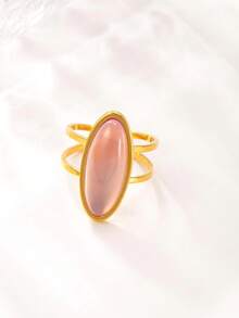1 pieza Anillo de acero inoxidable chapado en oro de 18K con gema rosa, adecuado para decoración diaria o regalo de mujer - Amarillo Oro - Ver 4