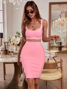 Women's Fashion Summer Sexy Elegant Spaghetti Strap Short Bodycon Two Pieces Set Top And Skirt Bandage Dress Pink Cocktail Party Dress Outfit Clothes - Pink - View 1