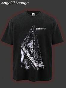 100% Pure Cotton Washed T-Shirt, "Silent Hill 2" Quotation And Thorny Helmet Back Printed Pattern, Summer Short Sleeved, Comfortable, Soft And Breathable, Versatile T-Shirt Top - màu đen - Xem 2