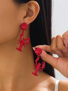 1 Pair Fashionable Summer Earrings, Geometric Crab & Shell Design, Versatile Beach & Daily Wear For Women - Red - View 8