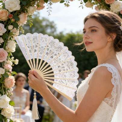 1Pc Vintage Lace Embroidered Floral Hand Fan, Lace Folding Fan, Summer Beach Fa…
