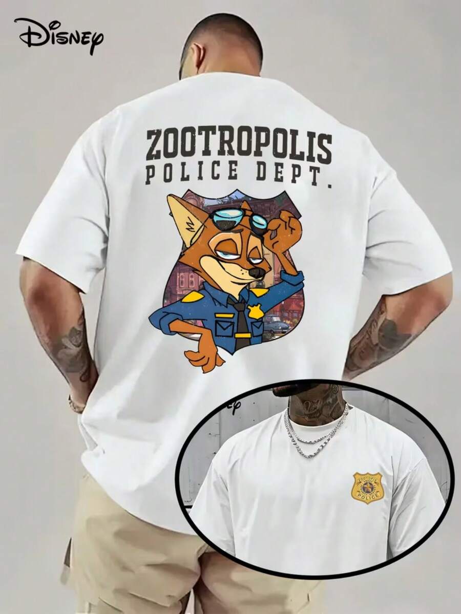 "Disney Officially Authorized" Men's Street Leisure Sports T-Shirts In Spring And Summer, Zootopia Nick Station Theme Pattern Printing, Round Neck Shirt, Breathable Material Suitable For Party Wear-Men And Women Can Wear, Daily Fashion, Party Dress, Travel T-Shirts, Lightweight Fabrics, Creative Design, Pop Culture Lovers. - White - View 1