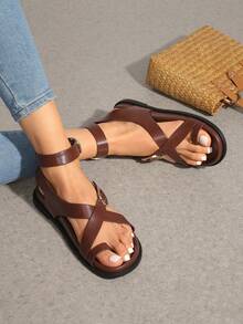 Womens Strappy Sandals Flat Thong Comfortable Footbed PLatform Summer Fashion Vocation Shoes - 棕色 - 查看 2