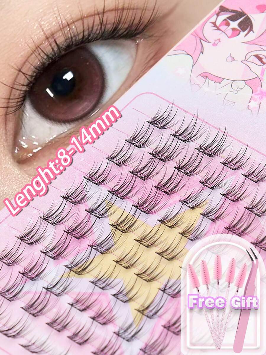 80pcs Segmented False Eyelashes, Fluffy & Soft, Natural Cat Eye DIY Mischievous Cartoon Mermaid 3D Faux Mink Lashes, Short & Delicate Lashes, Thin & Lightweight Fake Eyelashes - Black - View 1