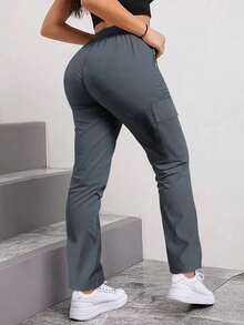 Women's Spring/Autumn Zipper Pocket Cargo Pants, Fashionable Large Pocket Design, Drawstring Elastic Waist, Casual Outdoor/Daily Wear Slim Fit Trousers - 灰色 - 查看 3